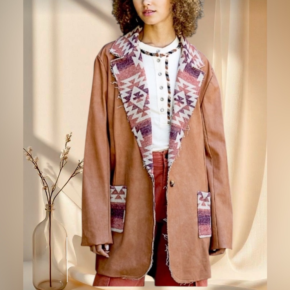 SOLD OUT POL Western Aztec Brown Vegan Suede Jacket | Southwestern Boho Coat - Picture 5 of 6